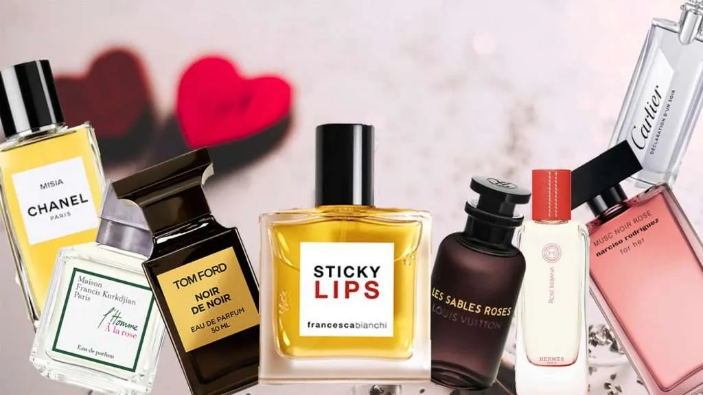 A collection of bottles described in the Valentine's day perfumes article in Francesca Bianchi Perfumes Journal