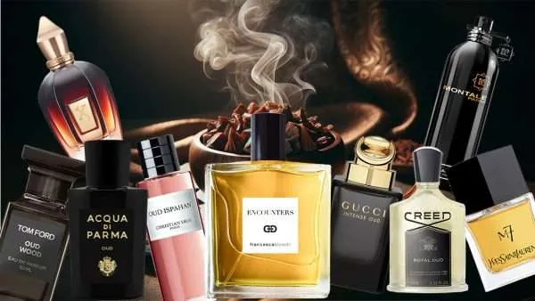 Most iconic oud perfumes collection with oud chips in the background