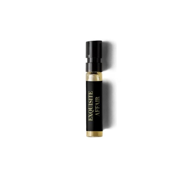 Fialetta campione del profumo “Exquisite Affair” con etichetta nera di Francesca Bianchi Perfumes