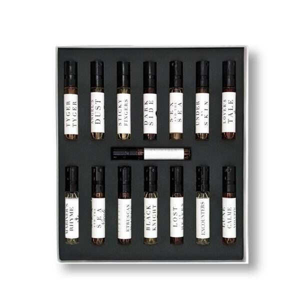 Francesca Bianchi Perfumes discovery set with 15 small perfume spray vials in black foam tray