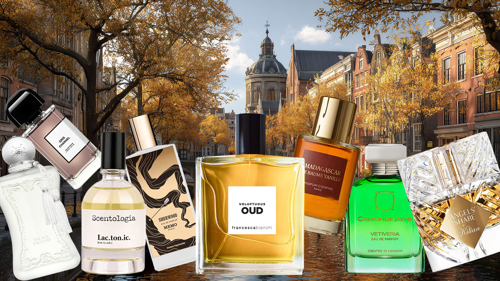 Francesca Bianchi Perfumes Voluptuous Oud and other luxury fall fragrance bottles with autumn cityscape background