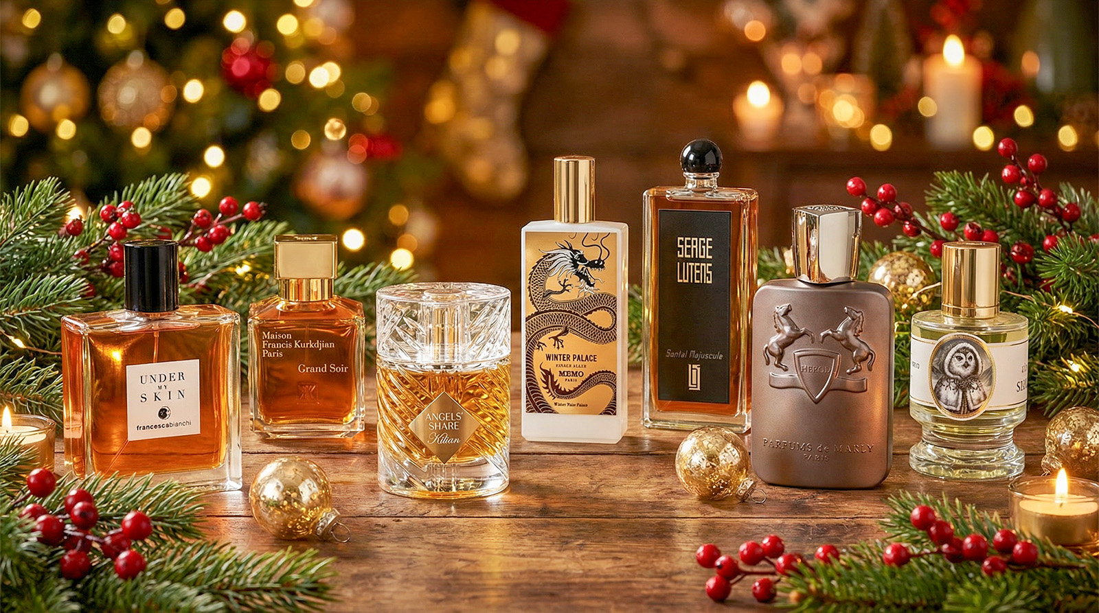Holiday perfume collection featuring Under My Skin by Francesca Bianchi and other luxury fragrances with festive decorations